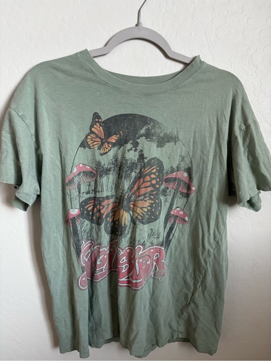 Hollister Tops - Hollister Sage Green Graphic Tee with Orange Butterflies and Pink Mushrooms